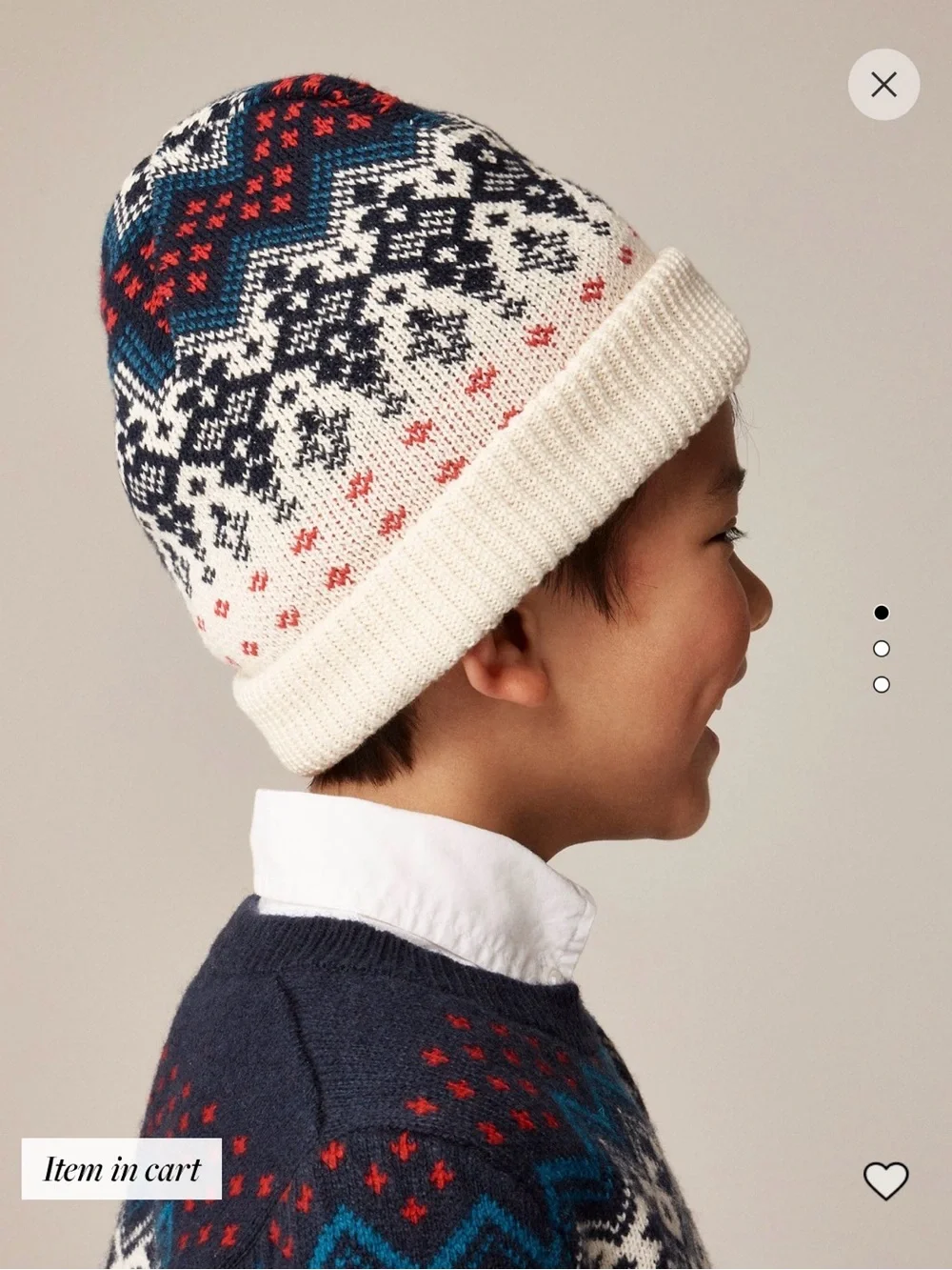 Crewcuts Cream Knit Fair Isle Beanie with Navy, Teal & Red Accents UNISex